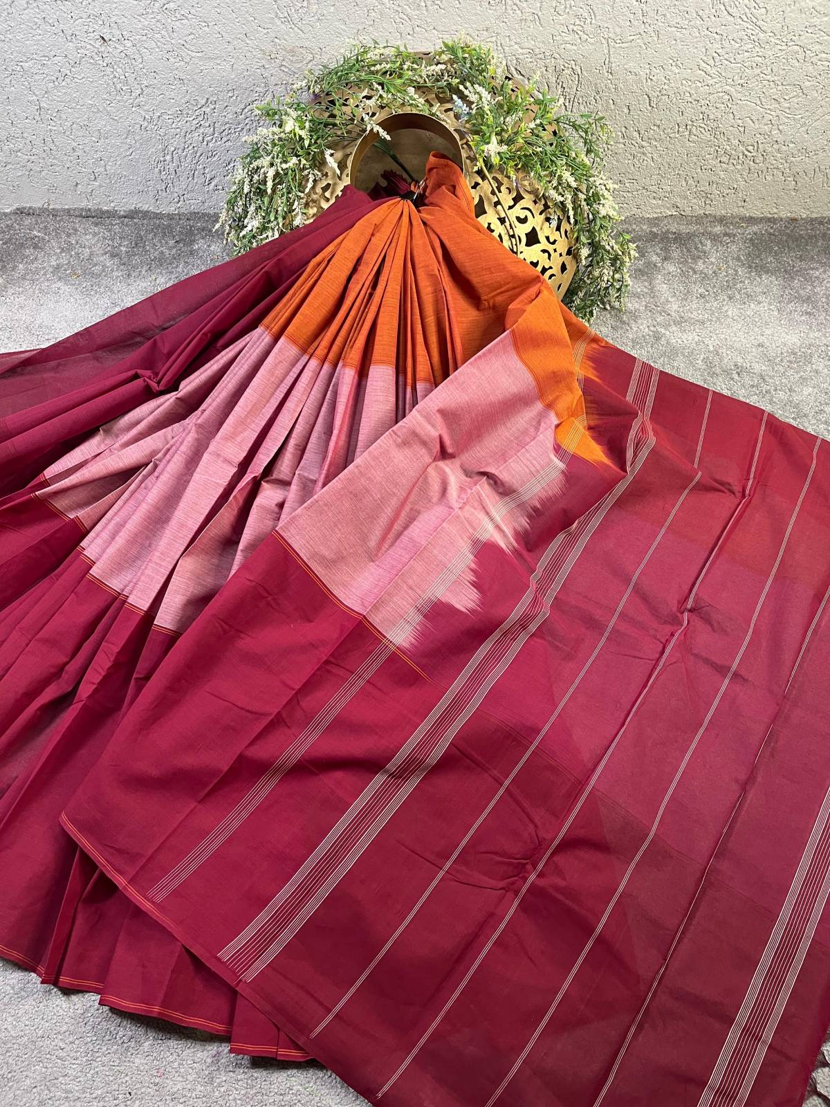 PINK RED ORANGE COTTON PURE HANDLOOM KANJIVARAM SAREE