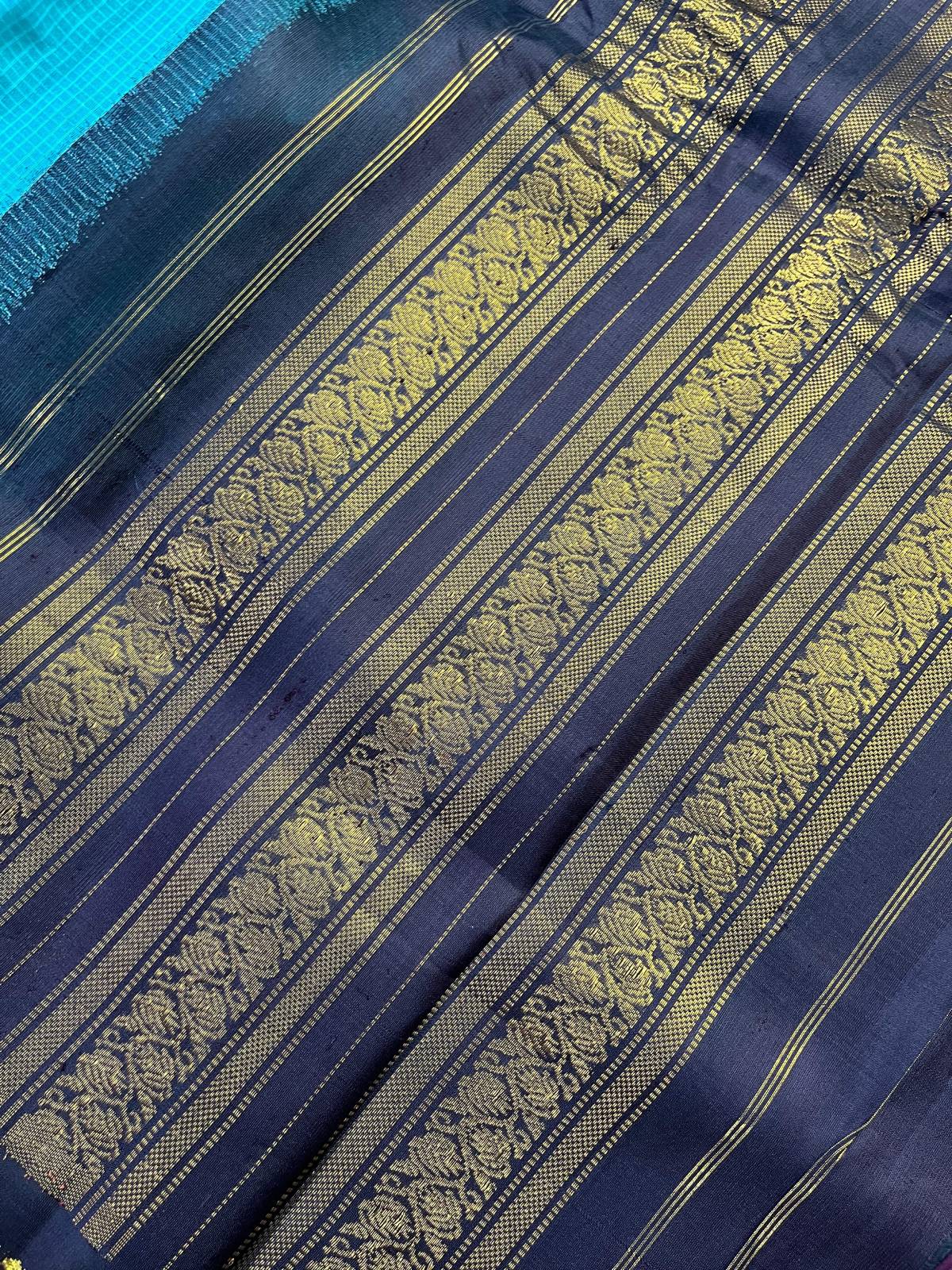 TURQUOISE BLUE COTTON PURE HANDLOOM GADWAL SAREE