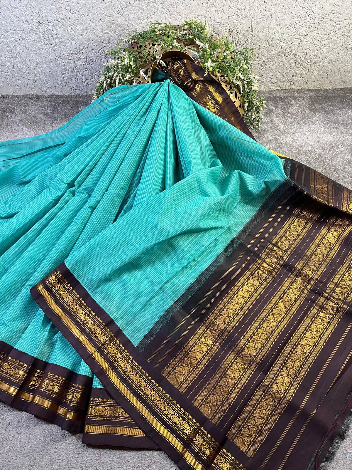 TURQUOISE BLUE COTTON PURE HANDLOOM GADWAL SAREE