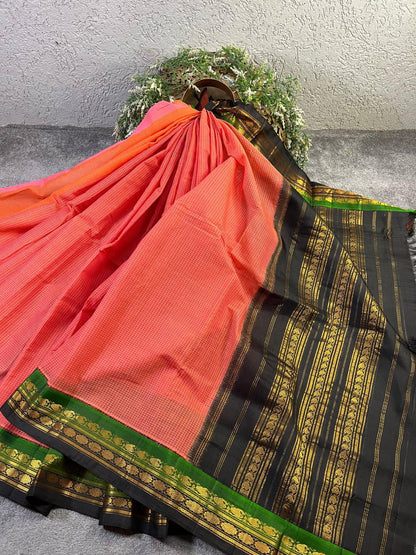 CORAL COTTON PURE HANDLOOM GADWAL SAREE