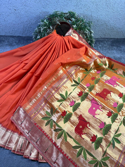 ORANGE PURE HANDLOOM COTTON PAITHANI SAREE