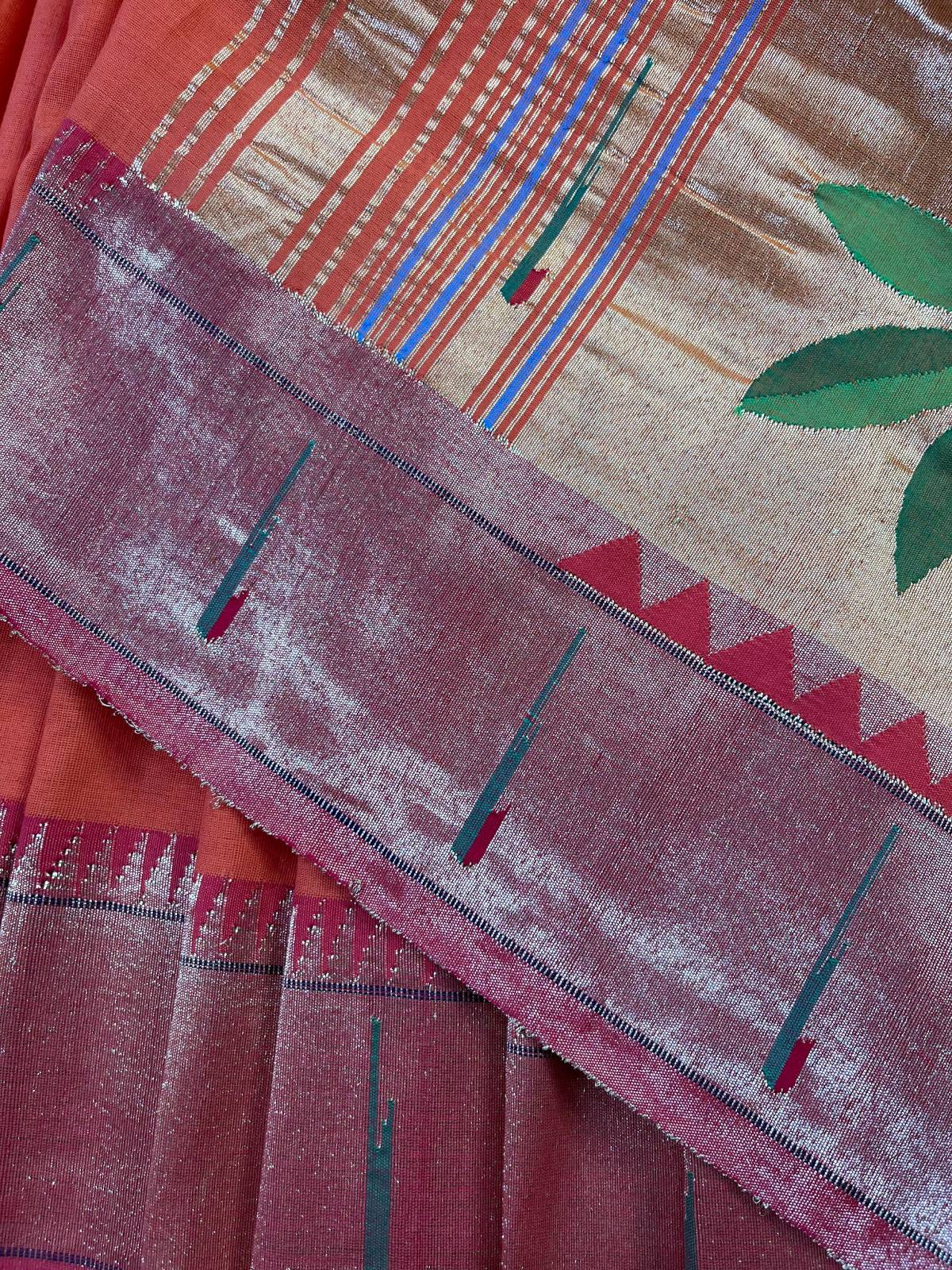 ORANGE PURE HANDLOOM COTTON PAITHANI SAREE