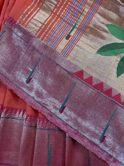 ORANGE PURE HANDLOOM COTTON PAITHANI SAREE