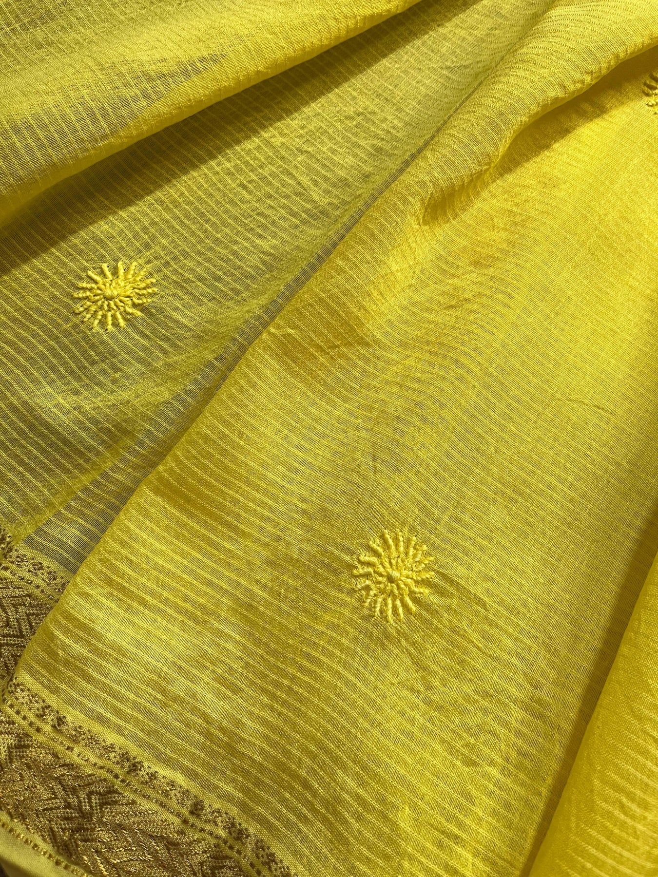 YELLOW COTTON PURE HANDLOOM LUCKNOWI SAREE