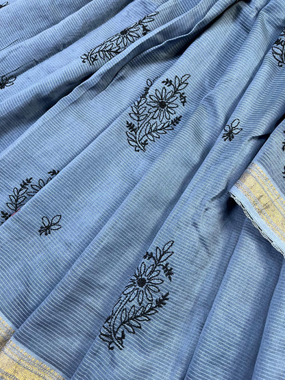 GREY COTTON PURE HANDLOOM LUCKNOWI SAREE