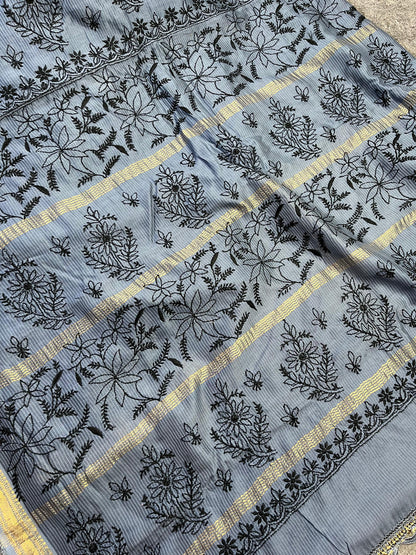 GREY COTTON PURE HANDLOOM LUCKNOWI SAREE