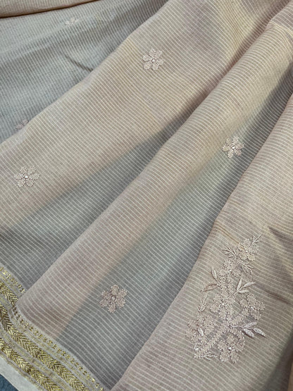 SANDALWOOD COTTON PURE HANDLOOM LUCKNOWI SAREE