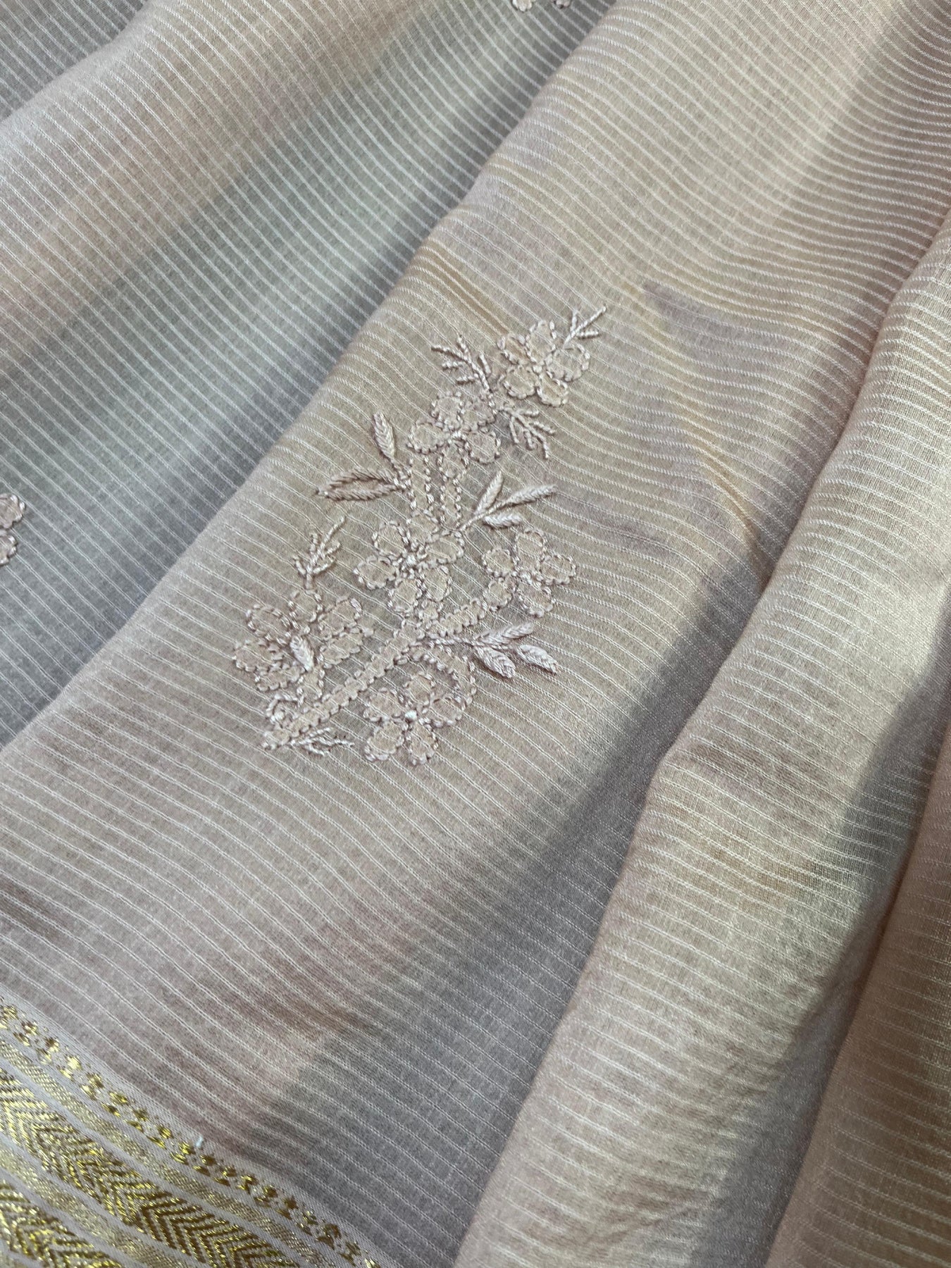 SANDALWOOD COTTON PURE HANDLOOM LUCKNOWI SAREE