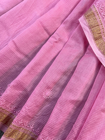 PINK COTTON PURE HANDLOOM LUCKNOWI SAREE