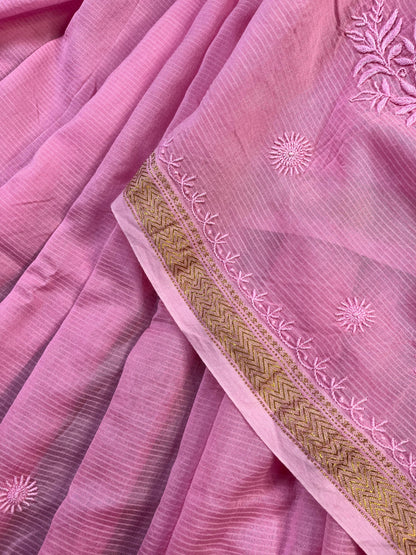 PINK COTTON PURE HANDLOOM LUCKNOWI SAREE