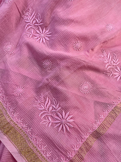 PINK COTTON PURE HANDLOOM LUCKNOWI SAREE