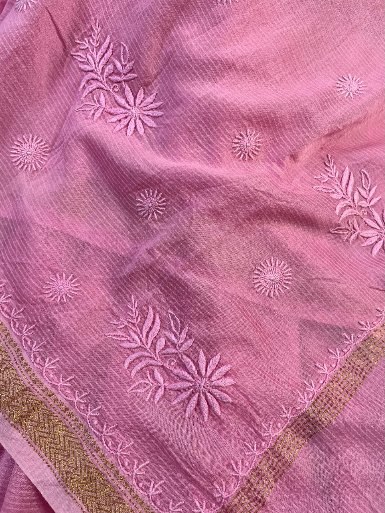 PINK COTTON PURE HANDLOOM LUCKNOWI SAREE