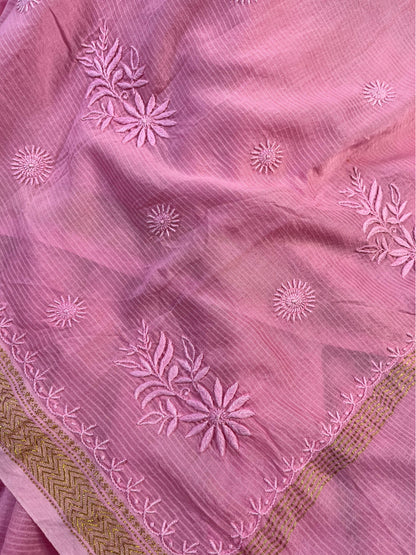 PINK COTTON PURE HANDLOOM LUCKNOWI SAREE