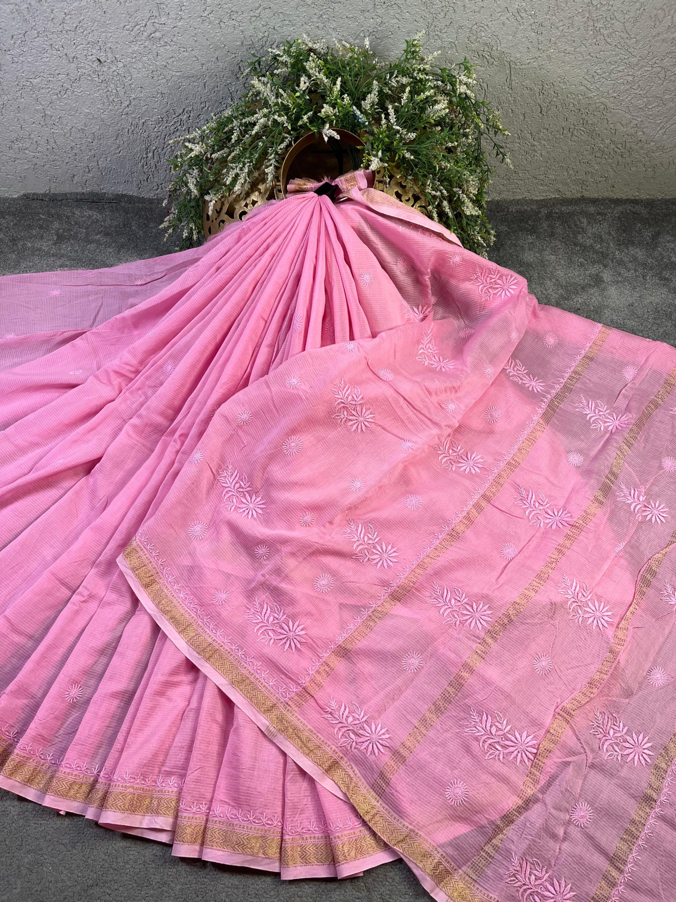 PINK COTTON PURE HANDLOOM LUCKNOWI SAREE