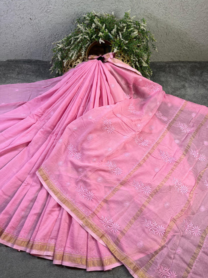 PINK COTTON PURE HANDLOOM LUCKNOWI SAREE