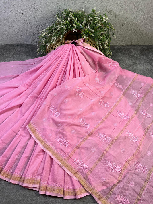 PINK COTTON PURE HANDLOOM LUCKNOWI SAREE