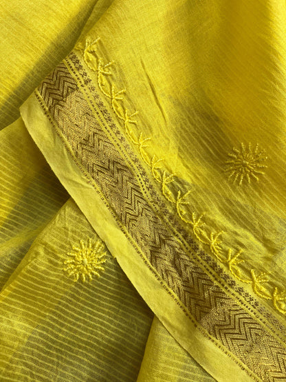 YELLOW COTTON PURE HANDLOOM LUCKNOWI SAREE