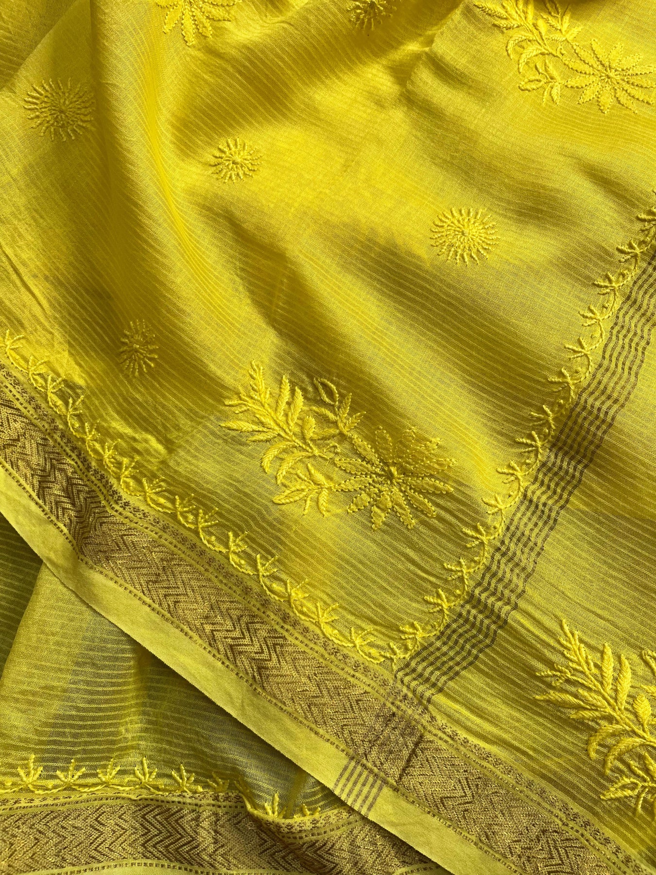 YELLOW COTTON PURE HANDLOOM LUCKNOWI SAREE