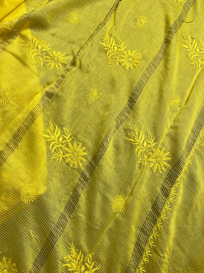 YELLOW COTTON PURE HANDLOOM LUCKNOWI SAREE