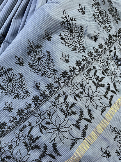 GREY COTTON PURE HANDLOOM LUCKNOWI SAREE