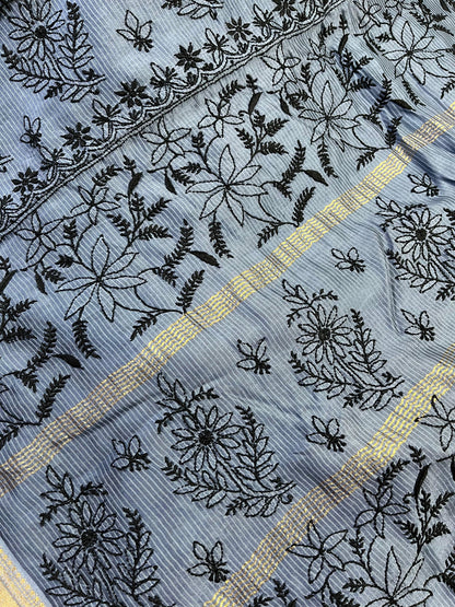 GREY COTTON PURE HANDLOOM LUCKNOWI SAREE