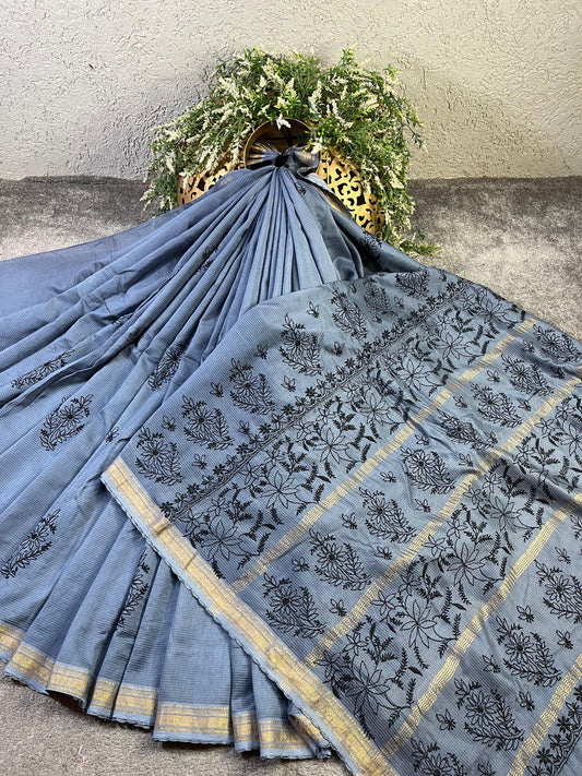 GREY COTTON PURE HANDLOOM LUCKNOWI SAREE