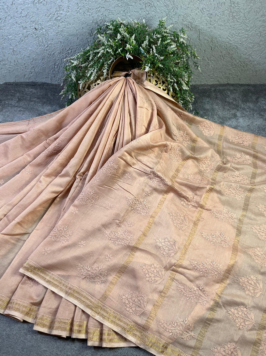SANDALWOOD COTTON PURE HANDLOOM LUCKNOWI SAREE
