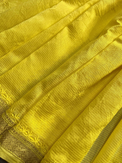 YELLOW COTTON PURE HANDLOOM LUCKNOWI SAREE