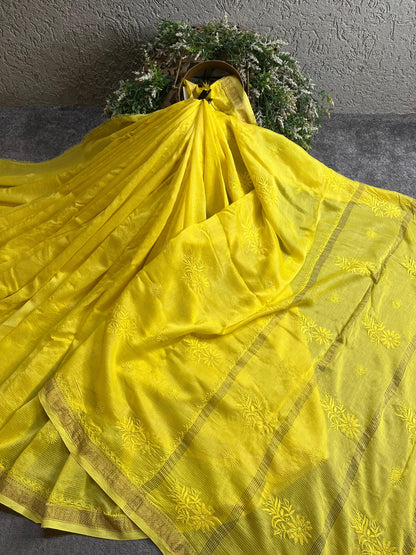 YELLOW COTTON PURE HANDLOOM LUCKNOWI SAREE