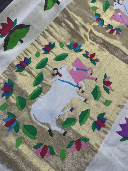 OFF-WHITE COTTON PURE HANDLOOM PAITHANI SAREE