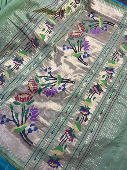 PISTA GREEN COTTON PURE HANDLOOM PAITHANI SAREE