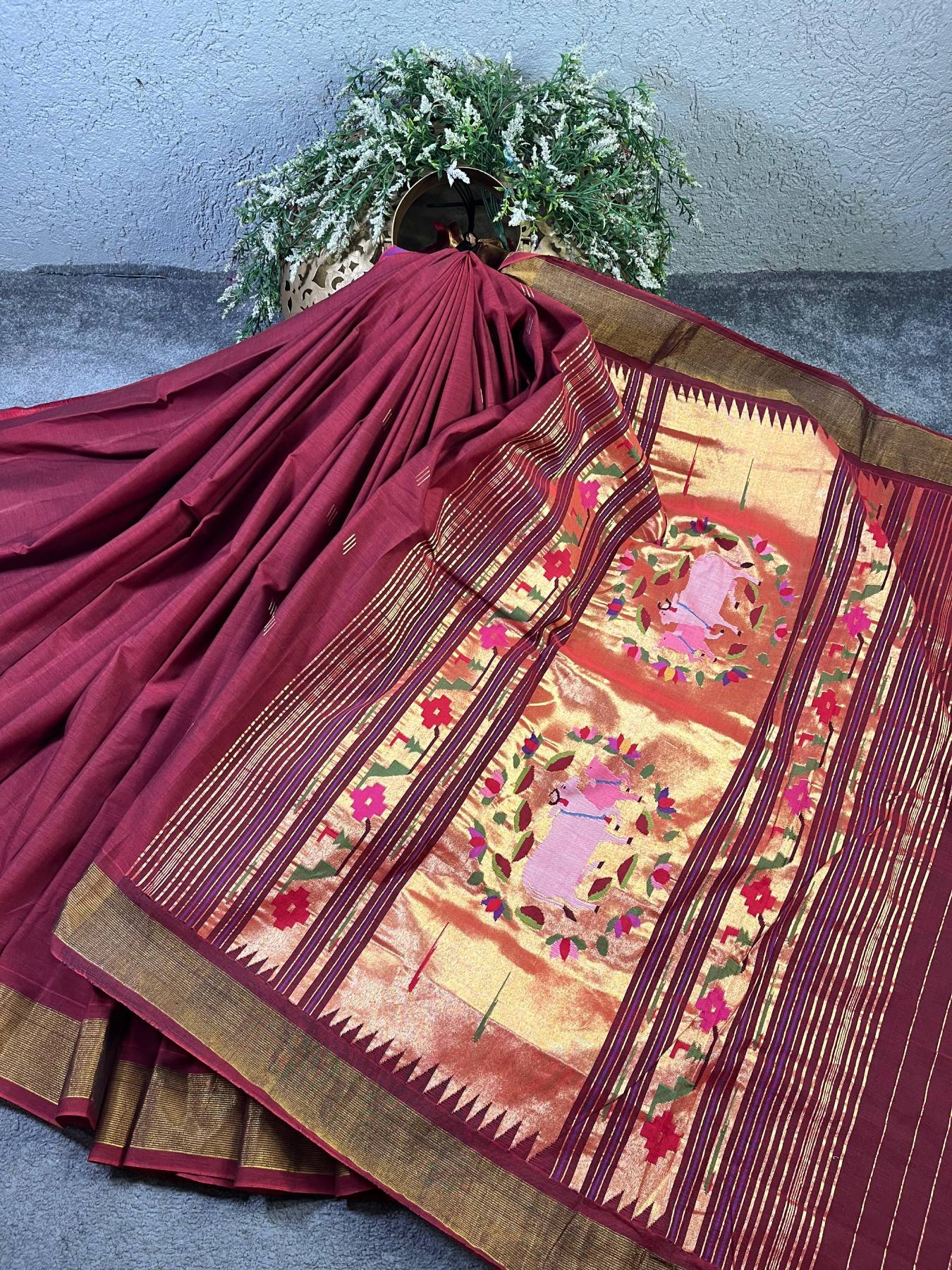 MAROON COTTON PURE HANDLOOM PAITHANI SAREE