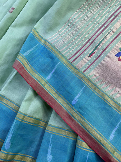PISTA GREEN COTTON PURE HANDLOOM PAITHANI SAREE