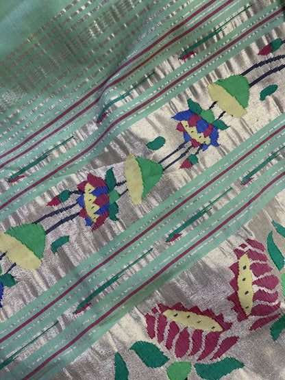 PISTA GREEN COTTON PURE HANDLOOM PAITHANI SAREE