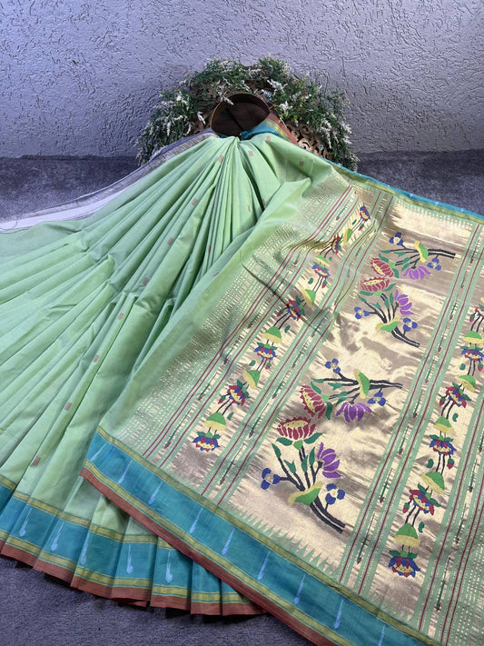 PISTA GREEN COTTON PURE HANDLOOM PAITHANI SAREE