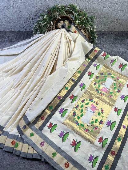 OFF-WHITE COTTON PURE HANDLOOM PAITHANI SAREE