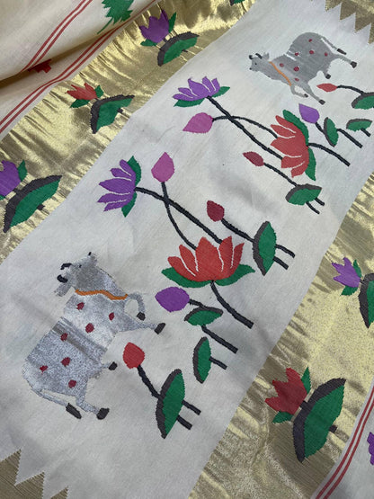 OFF-WHITE COTTON PURE HANDLOOM PAITHANI SAREE