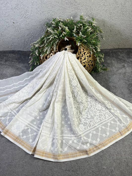 WHITE COTTON PURE HANDLOOM LUCKNOWI DUPATTA