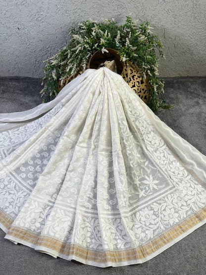 WHITE COTTON PURE HANDLOOM LUCKNOWI DUPATTA