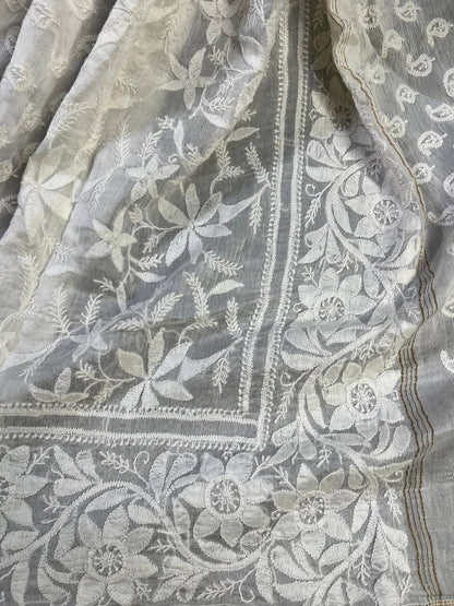 WHITE COTTON PURE HANDLOOM LUCKNOWI DUPATTA