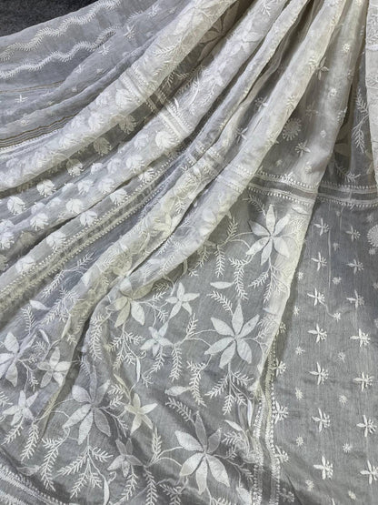 WHITE COTTON PURE HANDLOOM LUCKNOWI DUPATTA