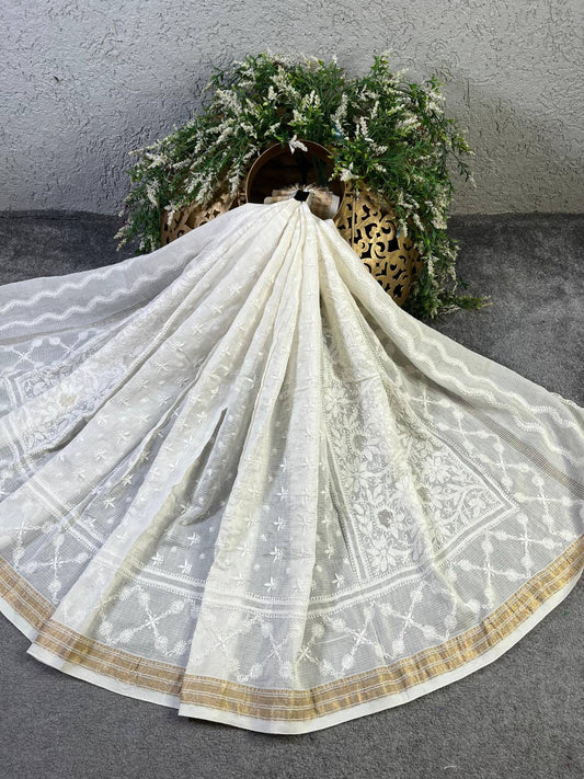 WHITE COTTON PURE HANDLOOM LUCKNOWI DUPATTA
