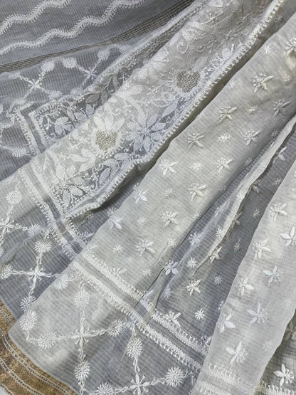 WHITE COTTON PURE HANDLOOM LUCKNOWI DUPATTA