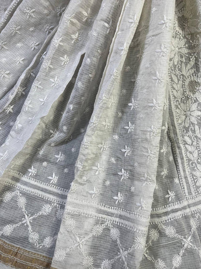 WHITE COTTON PURE HANDLOOM LUCKNOWI DUPATTA