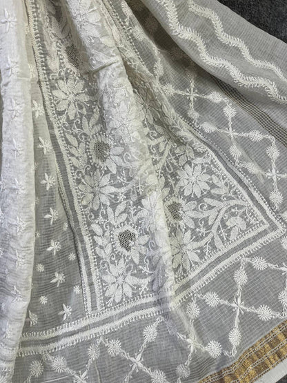 WHITE COTTON PURE HANDLOOM LUCKNOWI DUPATTA