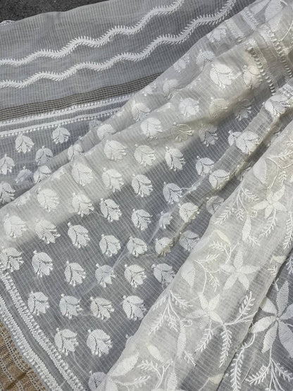 WHITE COTTON PURE HANDLOOM LUCKNOWI DUPATTA