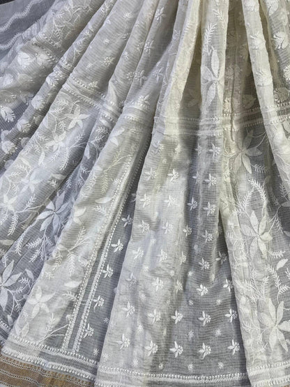 WHITE COTTON PURE HANDLOOM LUCKNOWI DUPATTA