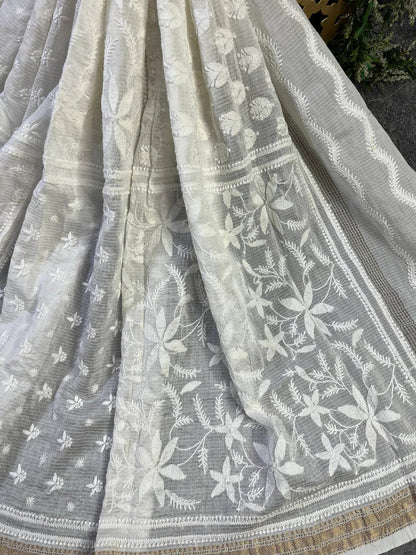 WHITE COTTON PURE HANDLOOM LUCKNOWI DUPATTA