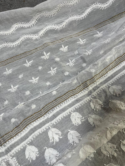WHITE COTTON PURE HANDLOOM LUCKNOWI DUPATTA