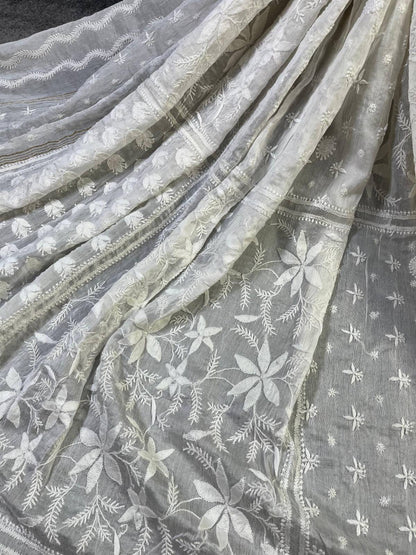 WHITE COTTON PURE HANDLOOM LUCKNOWI DUPATTA